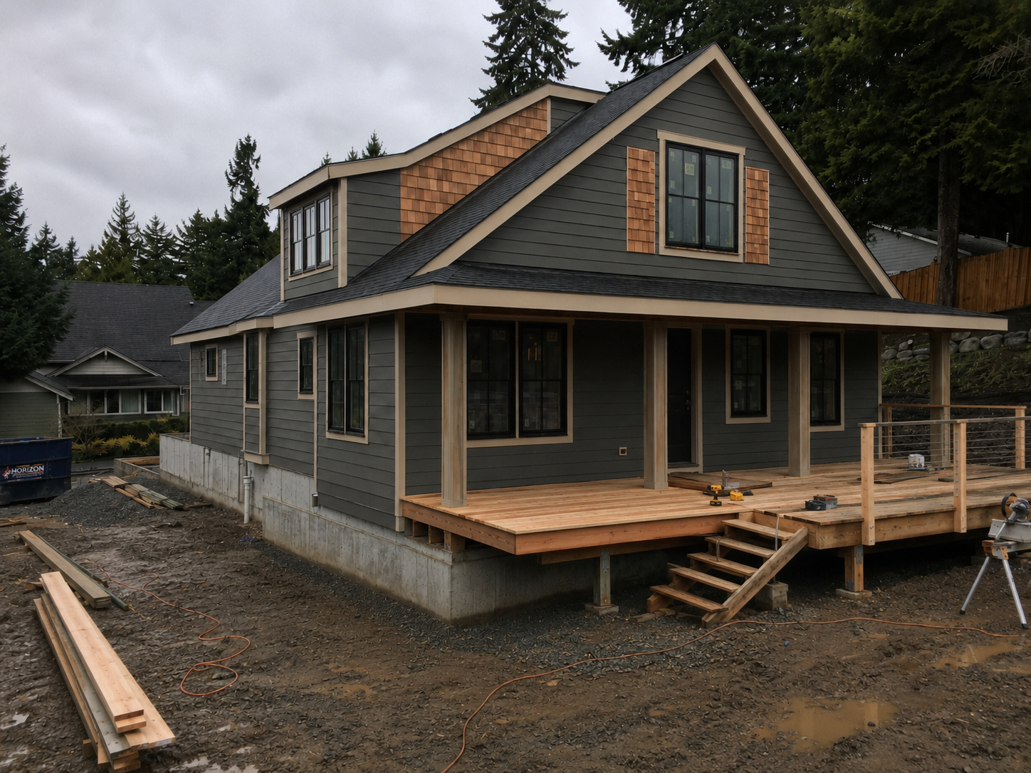 Residential construction site with muddy grade, lumber staging, and exterior work in progress
