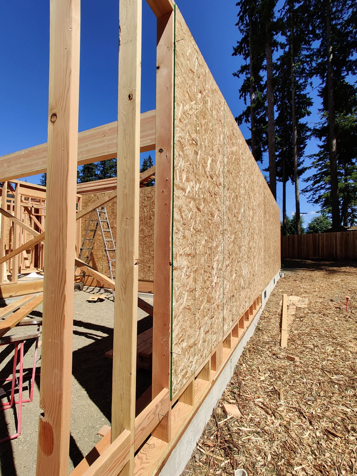 Residential exterior wall framing and structural sheathing progressing on a Northwest home